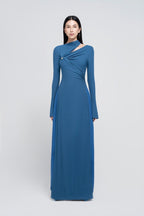 Minimalist Cross Wrap Gathered Bodice Flared Cuff Stretch Knit Formal Long Dress - MAYMOONLY