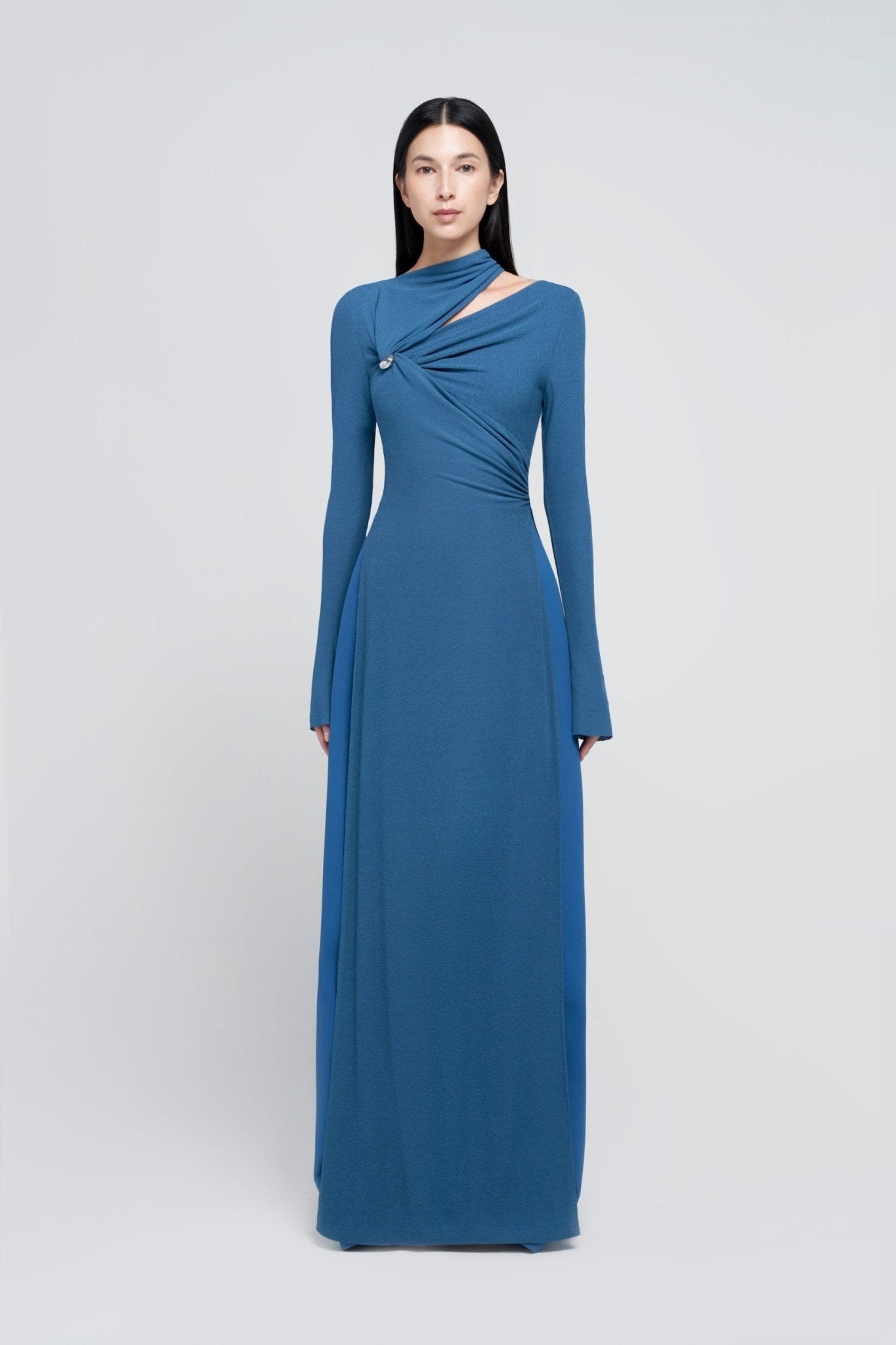 Minimalist Cross Wrap Gathered Bodice Flared Cuff Stretch Knit Formal Long Dress - MAYMOONLY