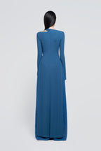 Minimalist Cross Wrap Gathered Bodice Flared Cuff Stretch Knit Formal Long Dress - MAYMOONLY