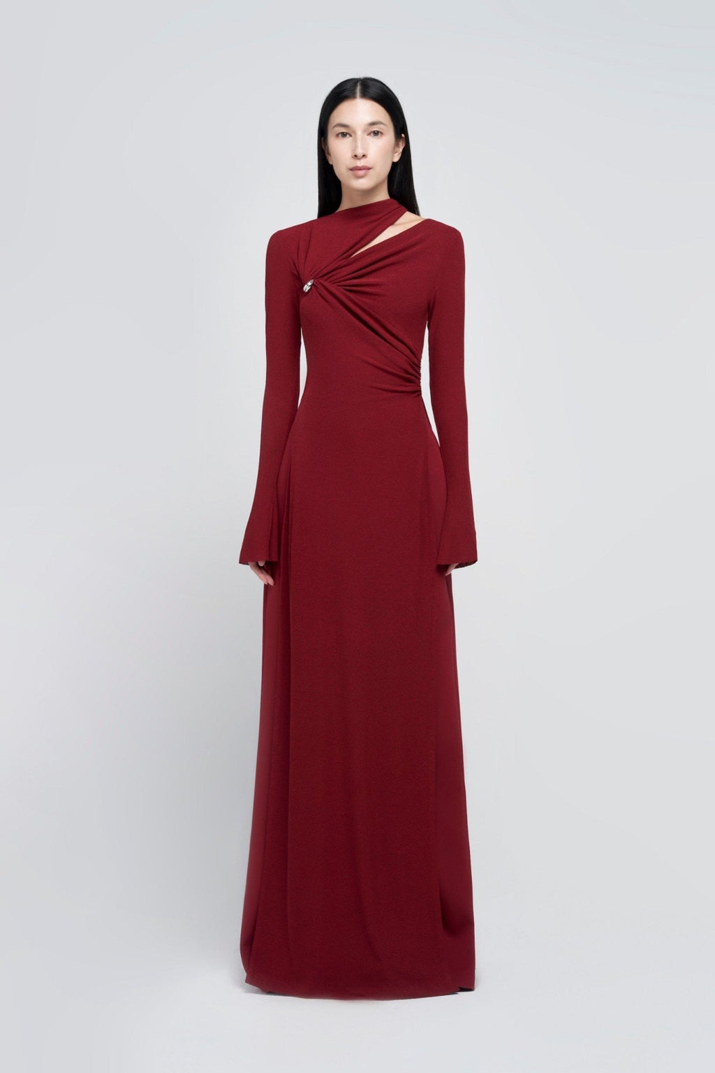 Minimalist Cross Wrap Gathered Bodice Flared Cuff Stretch Knit Formal Long Dress - MAYMOONLY