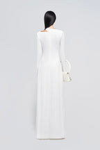 Minimalist Cross Wrap Gathered Bodice Flared Cuff Stretch Knit Formal Long Dress - MAYMOONLY