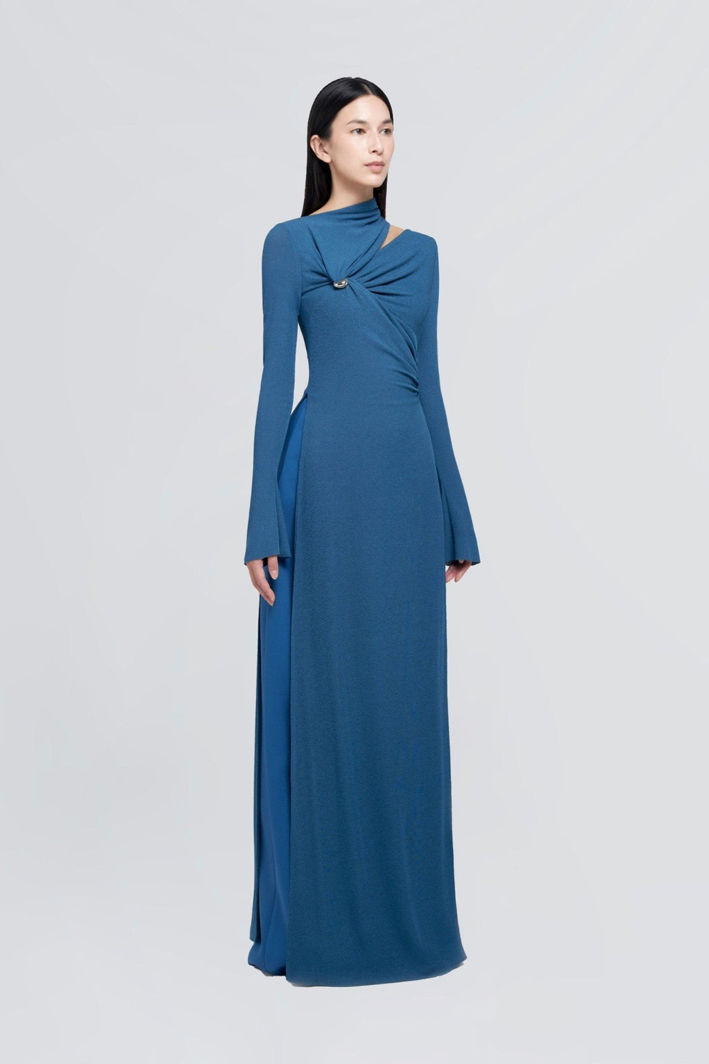 Minimalist Cross Wrap Gathered Bodice Flared Cuff Stretch Knit Formal Long Dress - MAYMOONLY