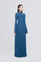 Minimalist Cross Wrap Gathered Bodice Flared Cuff Stretch Knit Formal Long Dress - MAYMOONLY