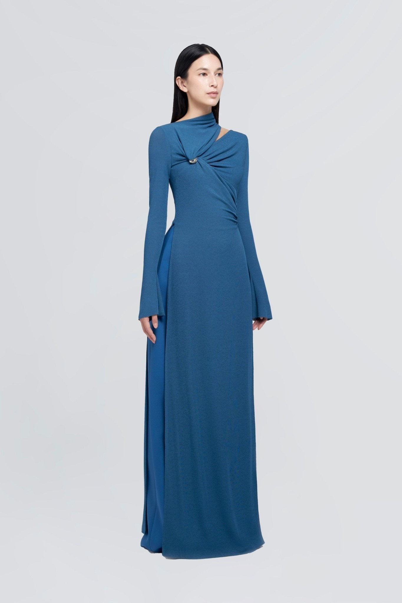 Minimalist Cross Wrap Gathered Bodice Flared Cuff Stretch Knit Formal Long Dress - MAYMOONLY