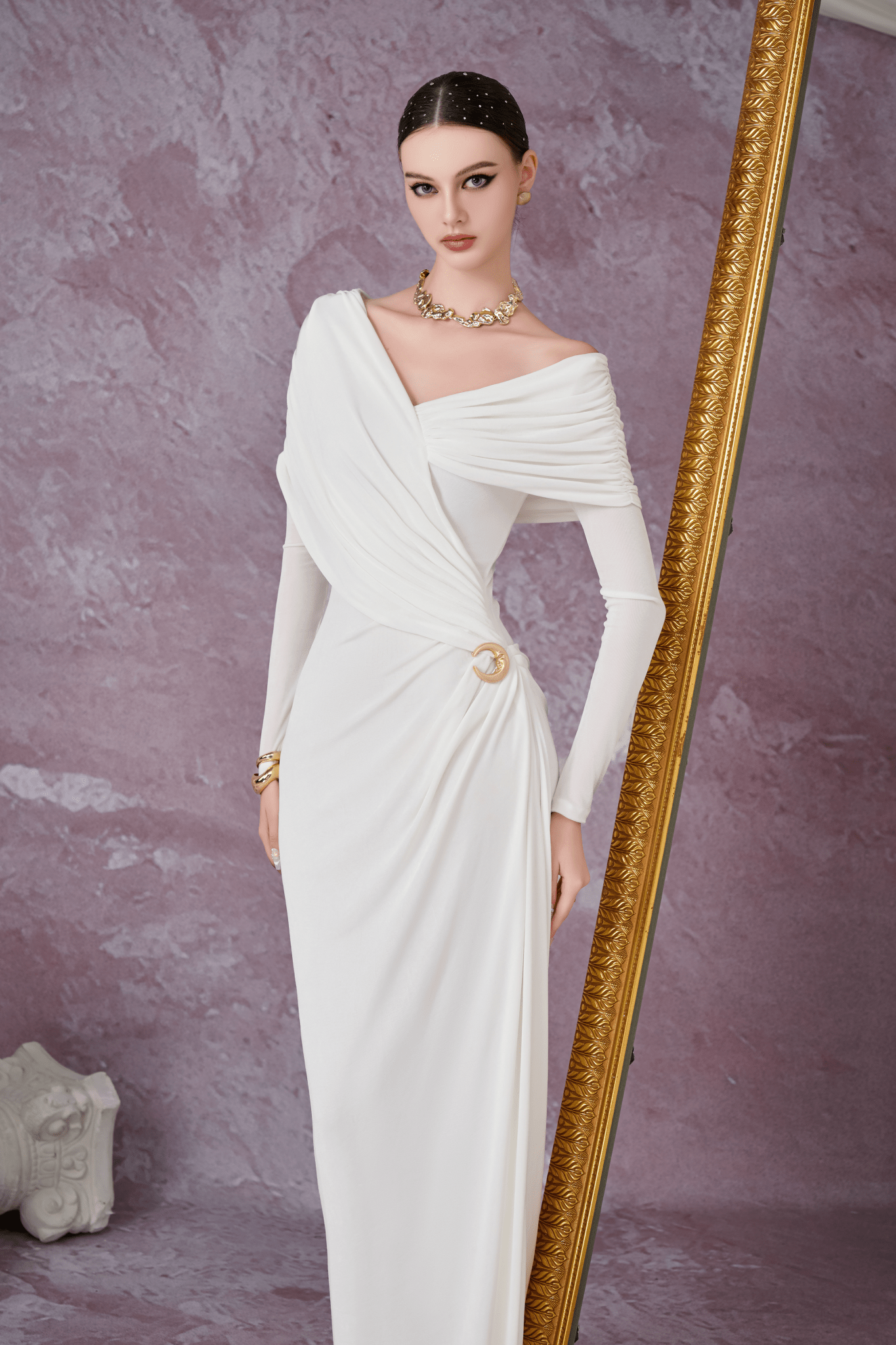Minimalist V-Neck Wrap Ruched Bodice Diagonal Drape Stretch Knit Long Formal Dress - MAYMOONLY