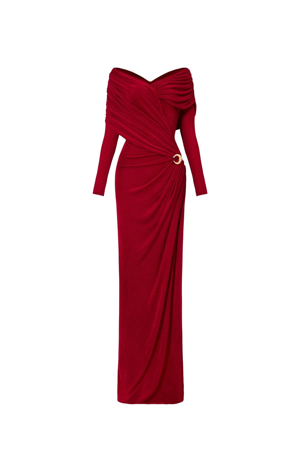 Minimalist V-Neck Wrap Ruched Bodice Diagonal Drape Stretch Knit Long Formal Dress - MAYMOONLY