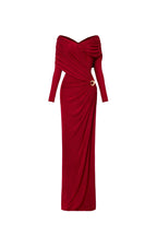 Minimalist V-Neck Wrap Ruched Bodice Diagonal Drape Stretch Knit Long Formal Dress - MAYMOONLY