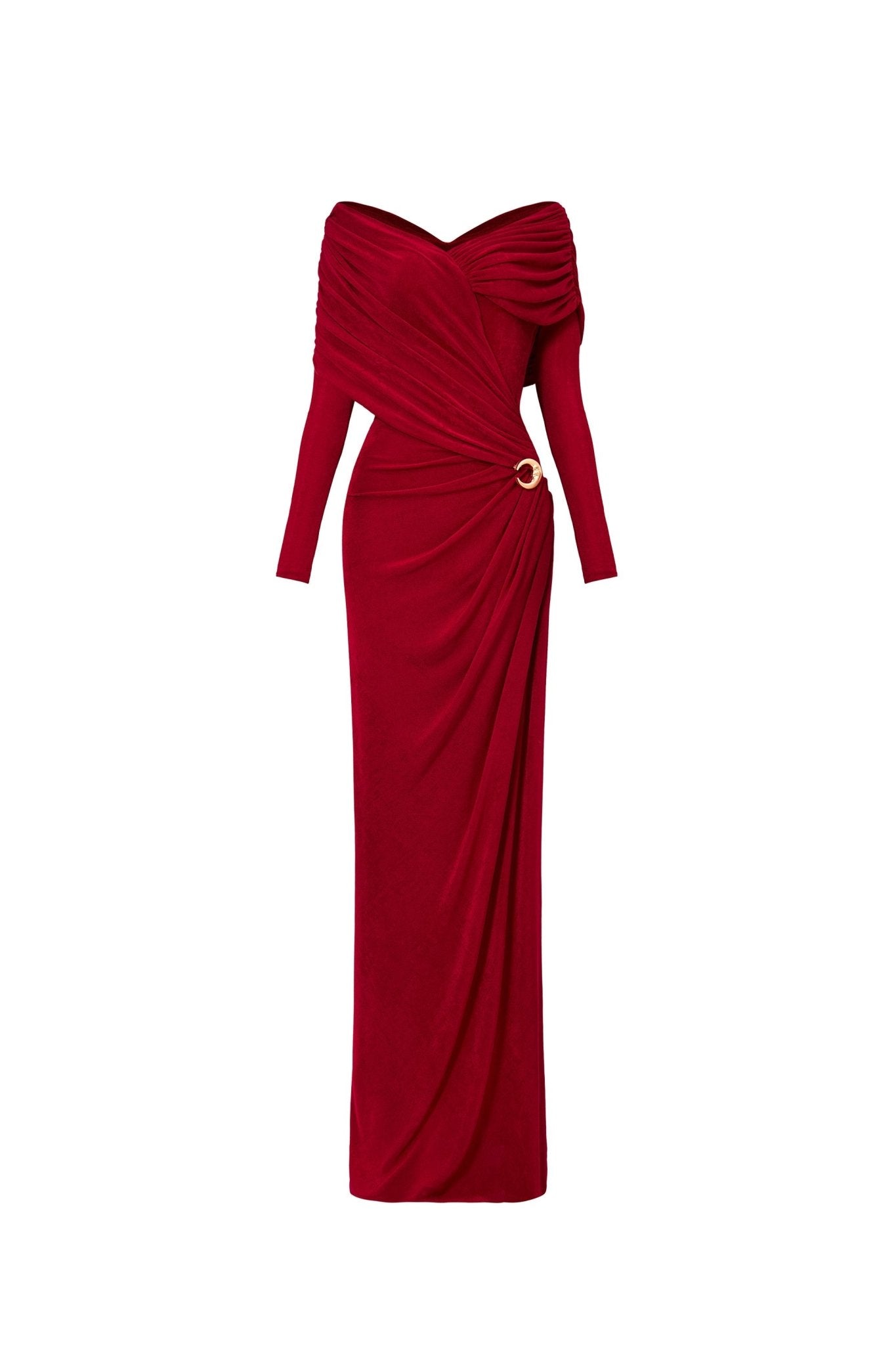 Minimalist V-Neck Wrap Ruched Bodice Diagonal Drape Stretch Knit Long Formal Dress - MAYMOONLY