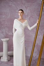 Minimalist V-Neck Wrap Ruched Bodice Diagonal Drape Stretch Knit Long Formal Dress - MAYMOONLY