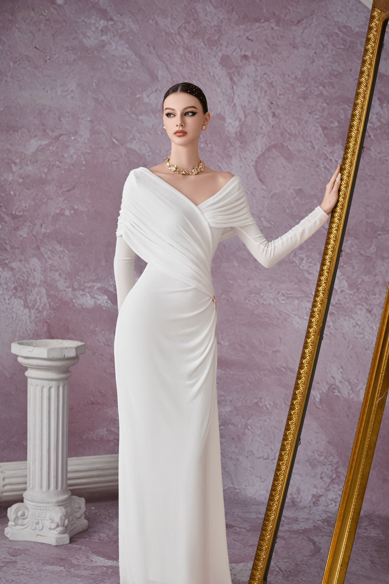Minimalist V-Neck Wrap Ruched Bodice Diagonal Drape Stretch Knit Long Formal Dress - MAYMOONLY