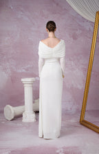Minimalist V-Neck Wrap Ruched Bodice Diagonal Drape Stretch Knit Long Formal Dress - MAYMOONLY