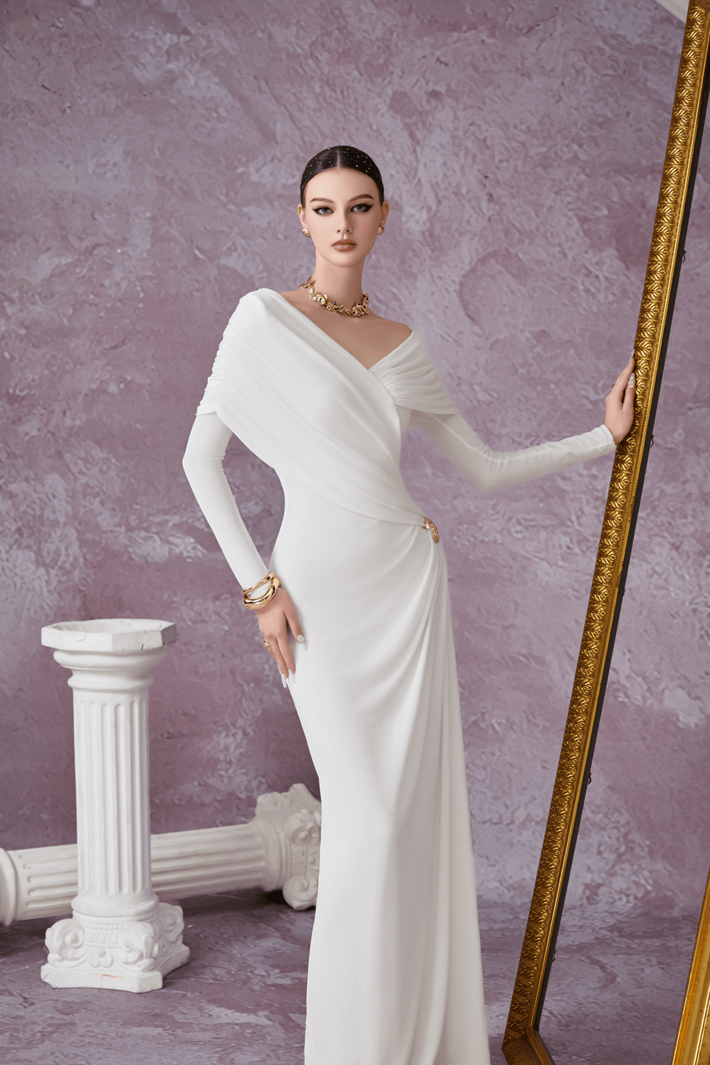 Minimalist V-Neck Wrap Ruched Bodice Diagonal Drape Stretch Knit Long Formal Dress - MAYMOONLY