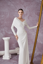 Minimalist V-Neck Wrap Ruched Bodice Diagonal Drape Stretch Knit Long Formal Dress - MAYMOONLY