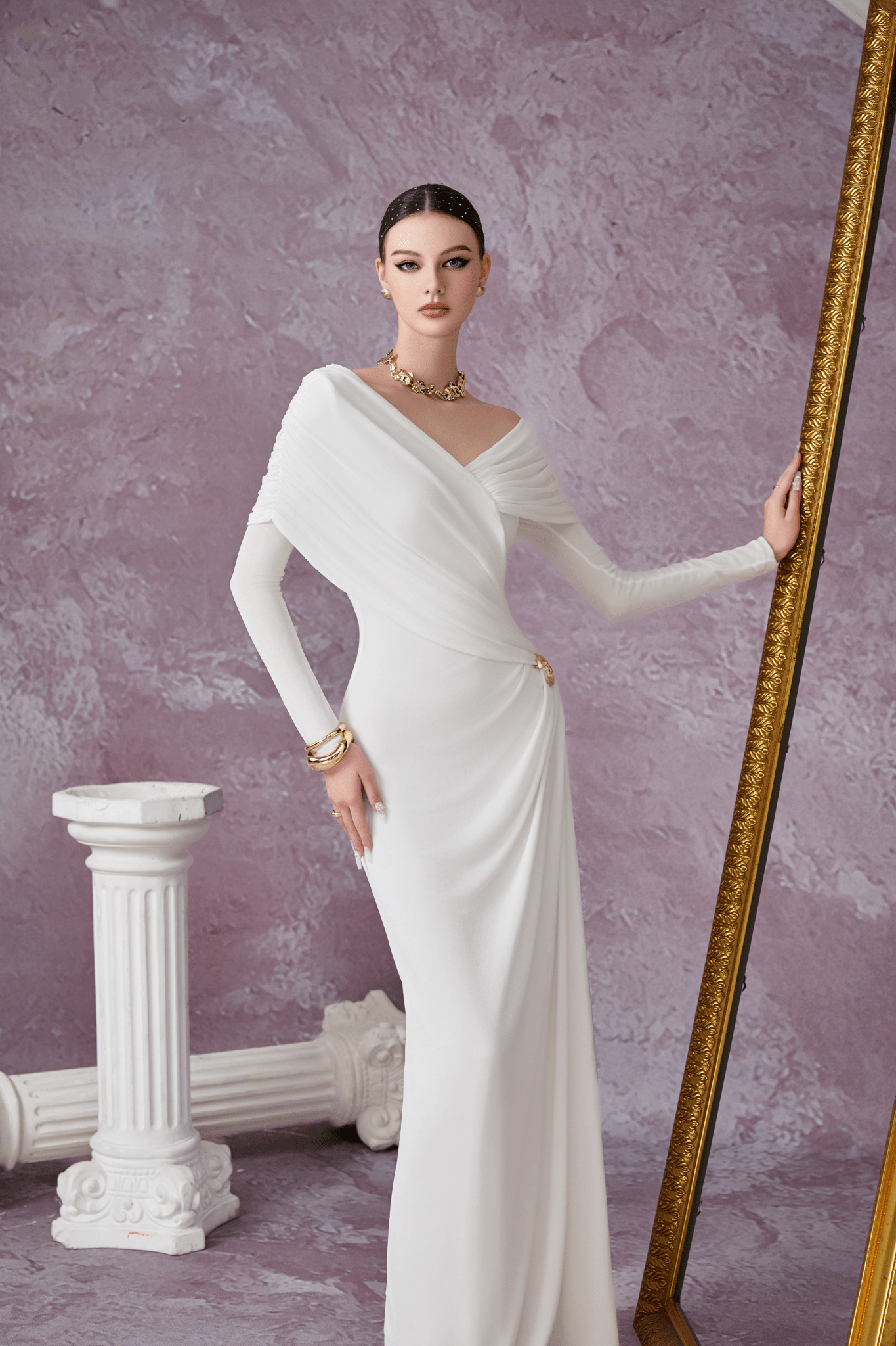 Minimalist V-Neck Wrap Ruched Bodice Diagonal Drape Stretch Knit Long Formal Dress - MAYMOONLY
