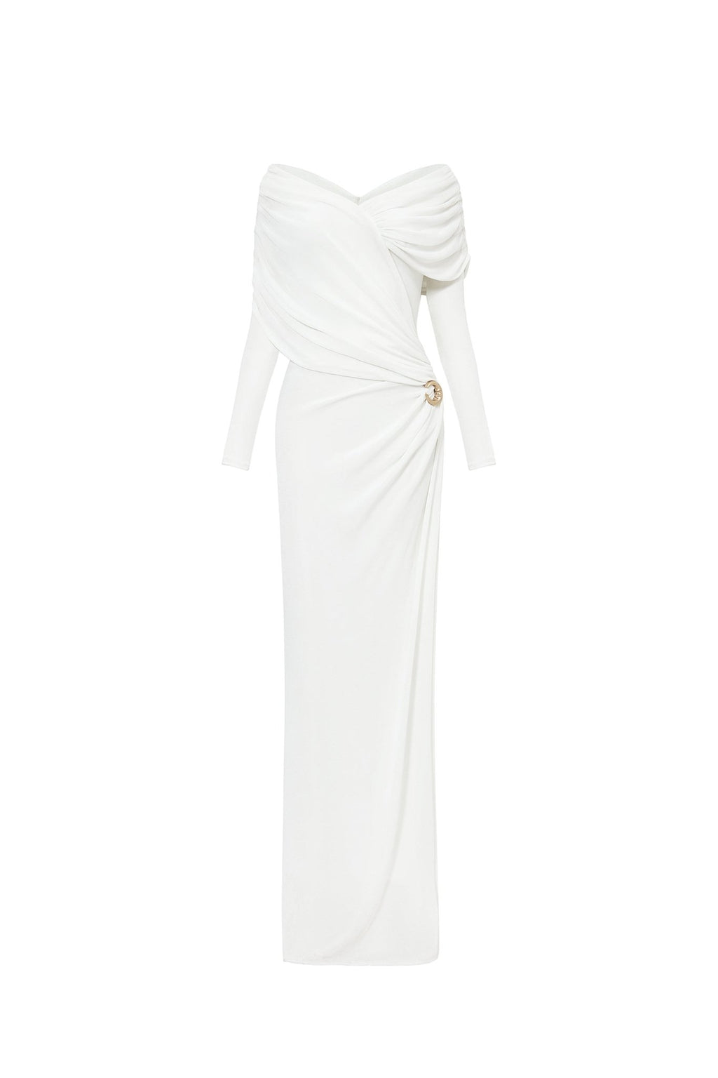 Minimalist V-Neck Wrap Ruched Bodice Diagonal Drape Stretch Knit Long Formal Dress - MAYMOONLY