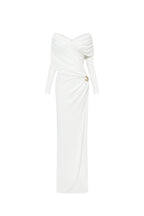 Minimalist V-Neck Wrap Ruched Bodice Diagonal Drape Stretch Knit Long Formal Dress - MAYMOONLY