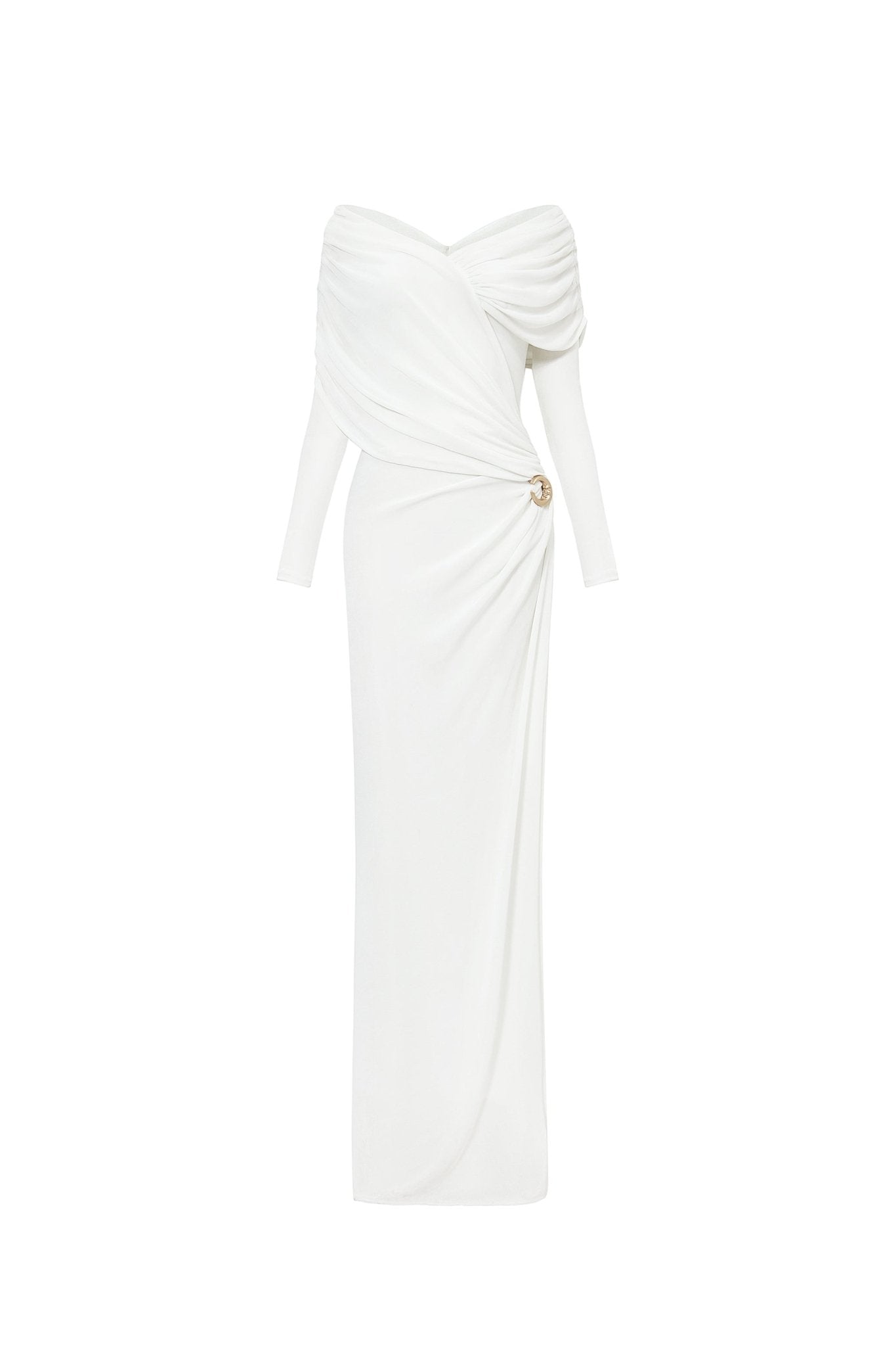 Minimalist V-Neck Wrap Ruched Bodice Diagonal Drape Stretch Knit Long Formal Dress - MAYMOONLY