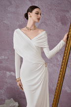 Minimalist V-Neck Wrap Ruched Bodice Diagonal Drape Stretch Knit Long Formal Dress - MAYMOONLY