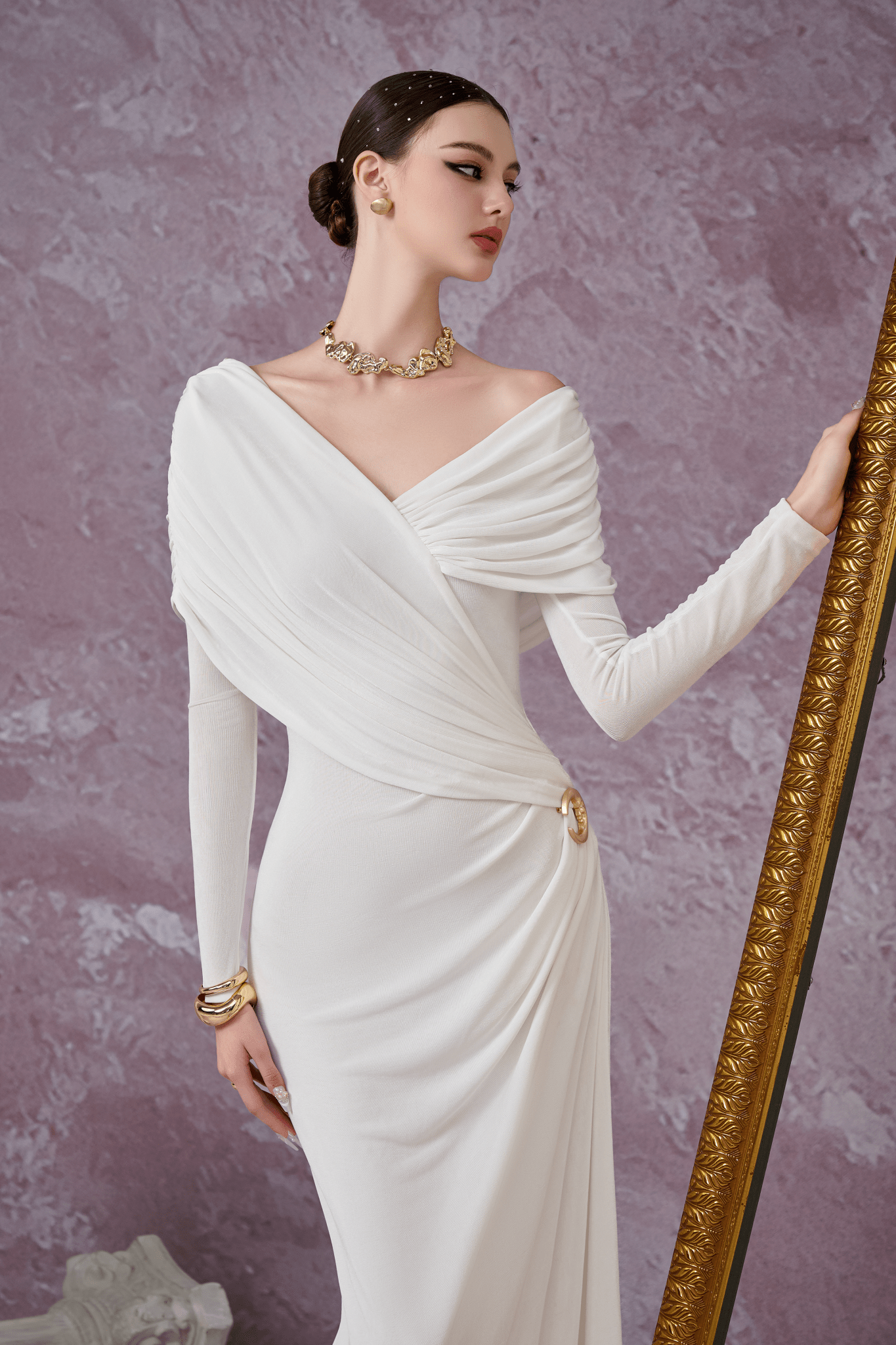 Minimalist V-Neck Wrap Ruched Bodice Diagonal Drape Stretch Knit Long Formal Dress - MAYMOONLY