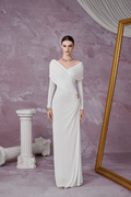 Minimalist V-Neck Wrap Ruched Bodice Diagonal Drape Stretch Knit Long Formal Dress - MAYMOONLY
