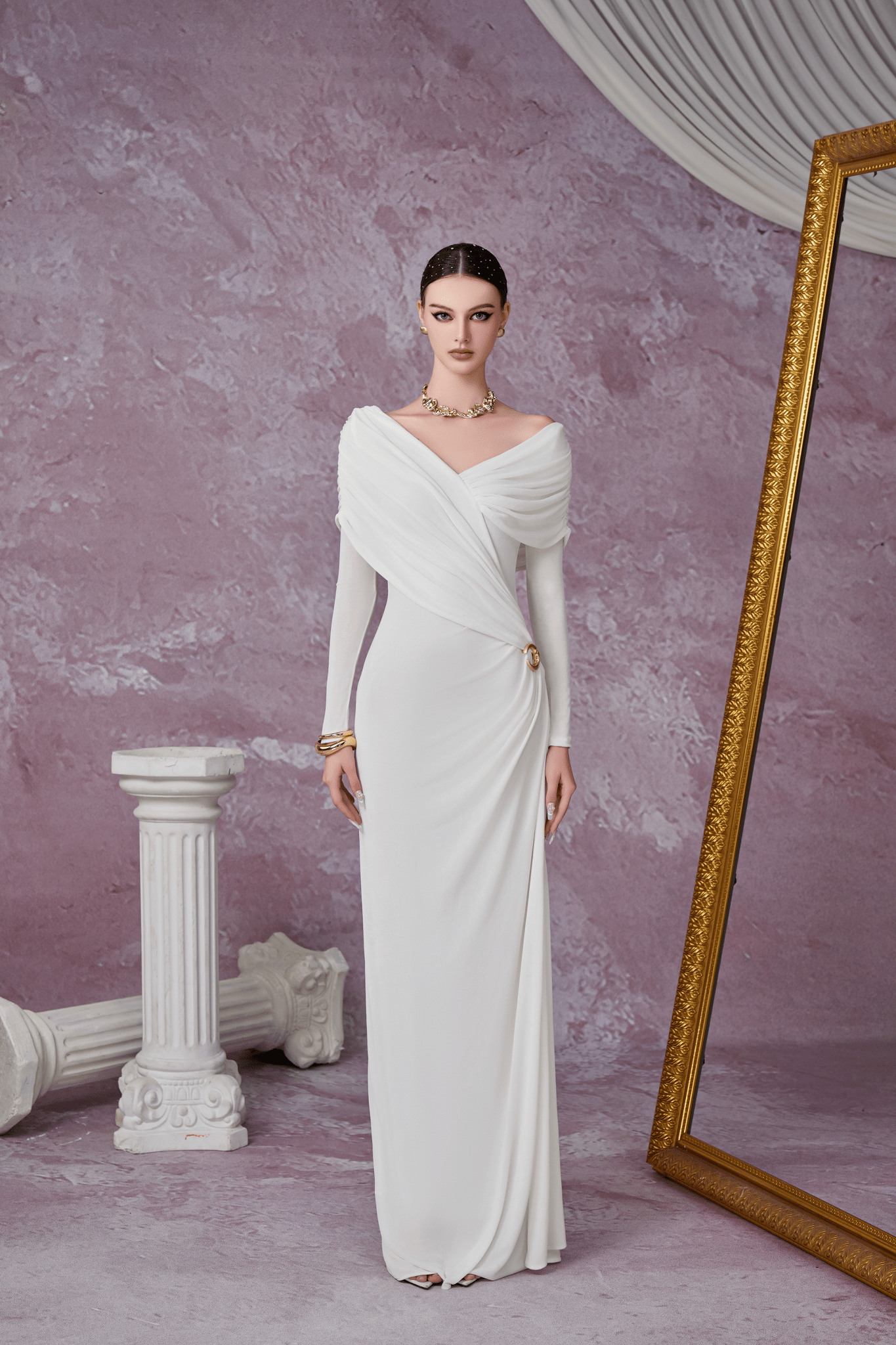 Minimalist V-Neck Wrap Ruched Bodice Diagonal Drape Stretch Knit Long Formal Dress - MAYMOONLY