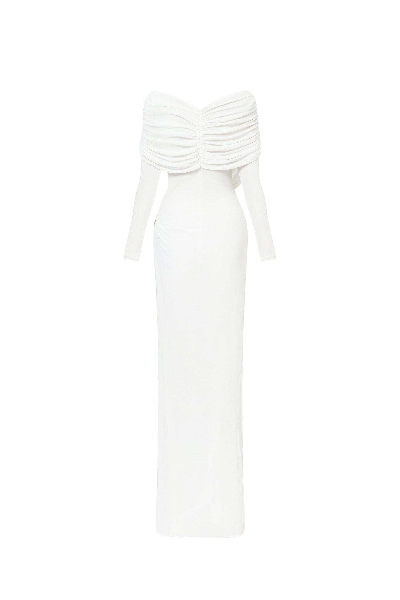 Minimalist V-Neck Wrap Ruched Bodice Diagonal Drape Stretch Knit Long Formal Dress - MAYMOONLY