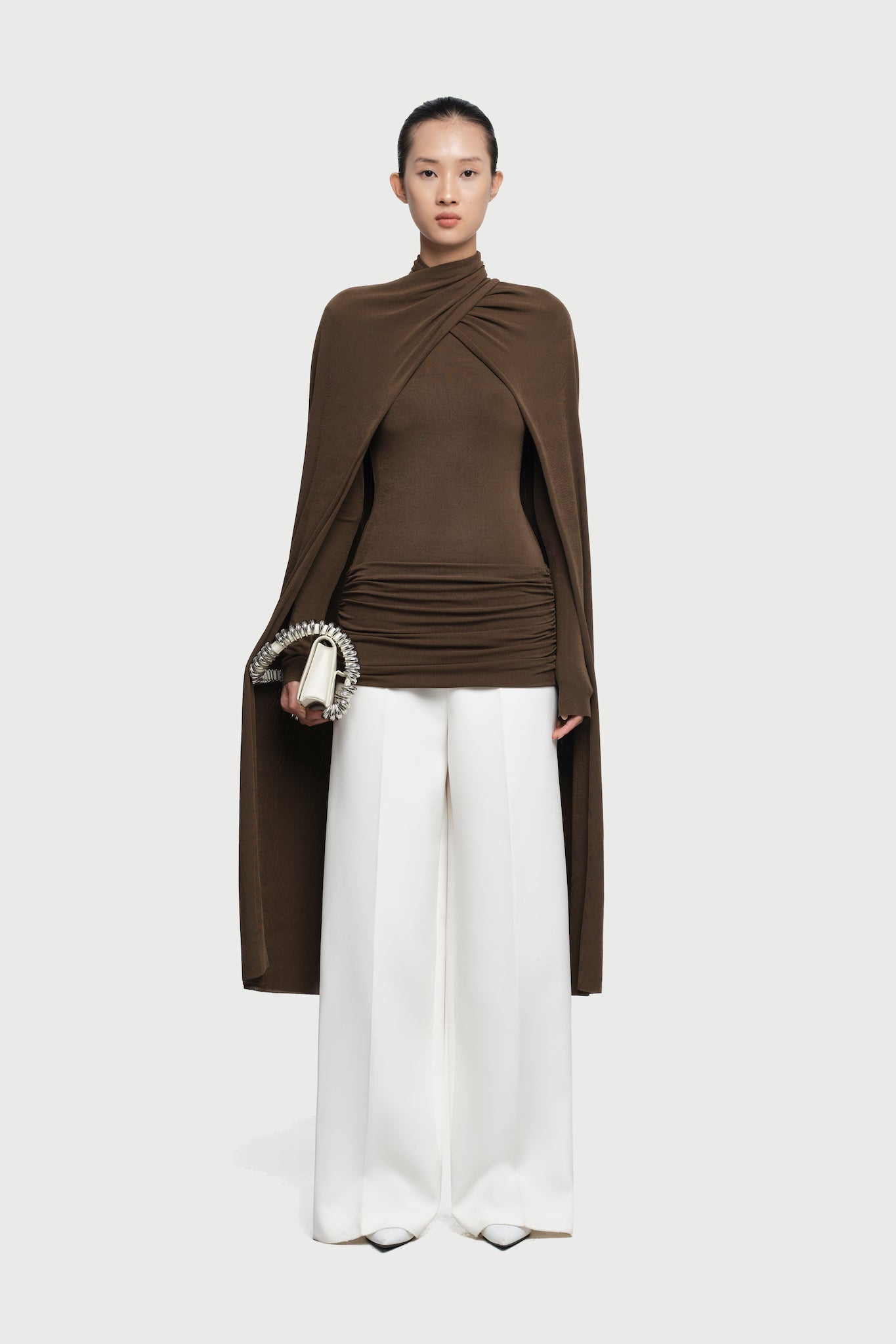 Mock Neck Cross Twist Cape Sleeve Waist Ruched Slim Knit Top - MAYMOONLY