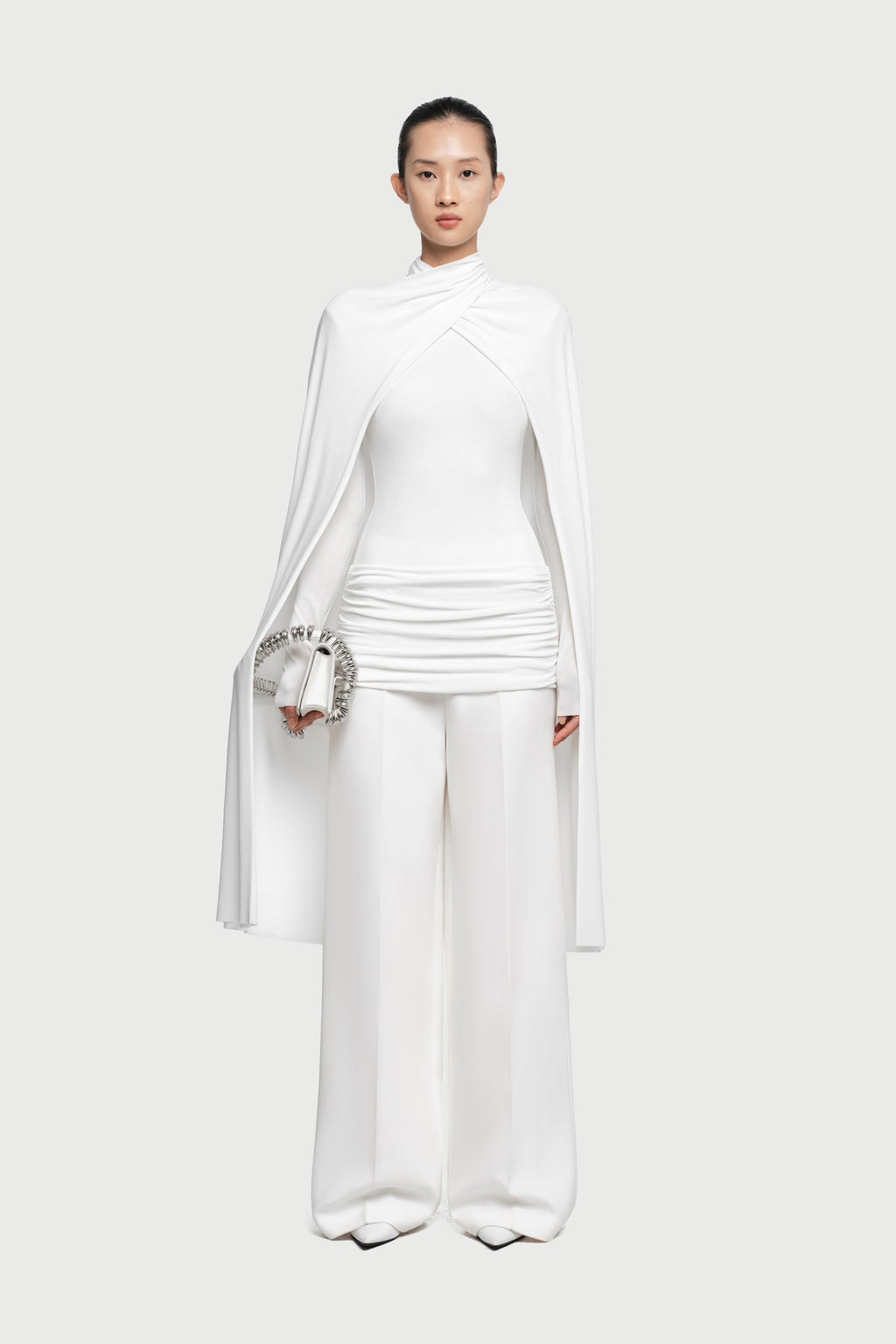 Mock Neck Cross Twist Cape Sleeve Waist Ruched Slim Knit Top - MAYMOONLY