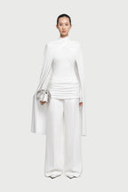 Mock Neck Cross Twist Cape Sleeve Waist Ruched Slim Knit Top - MAYMOONLY