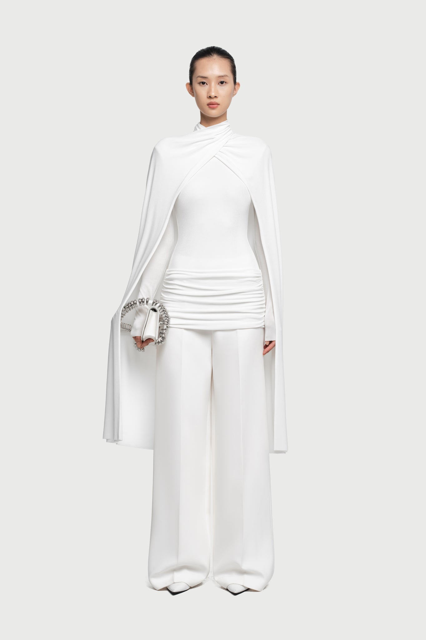 Mock Neck Cross Twist Cape Sleeve Waist Ruched Slim Knit Top - MAYMOONLY