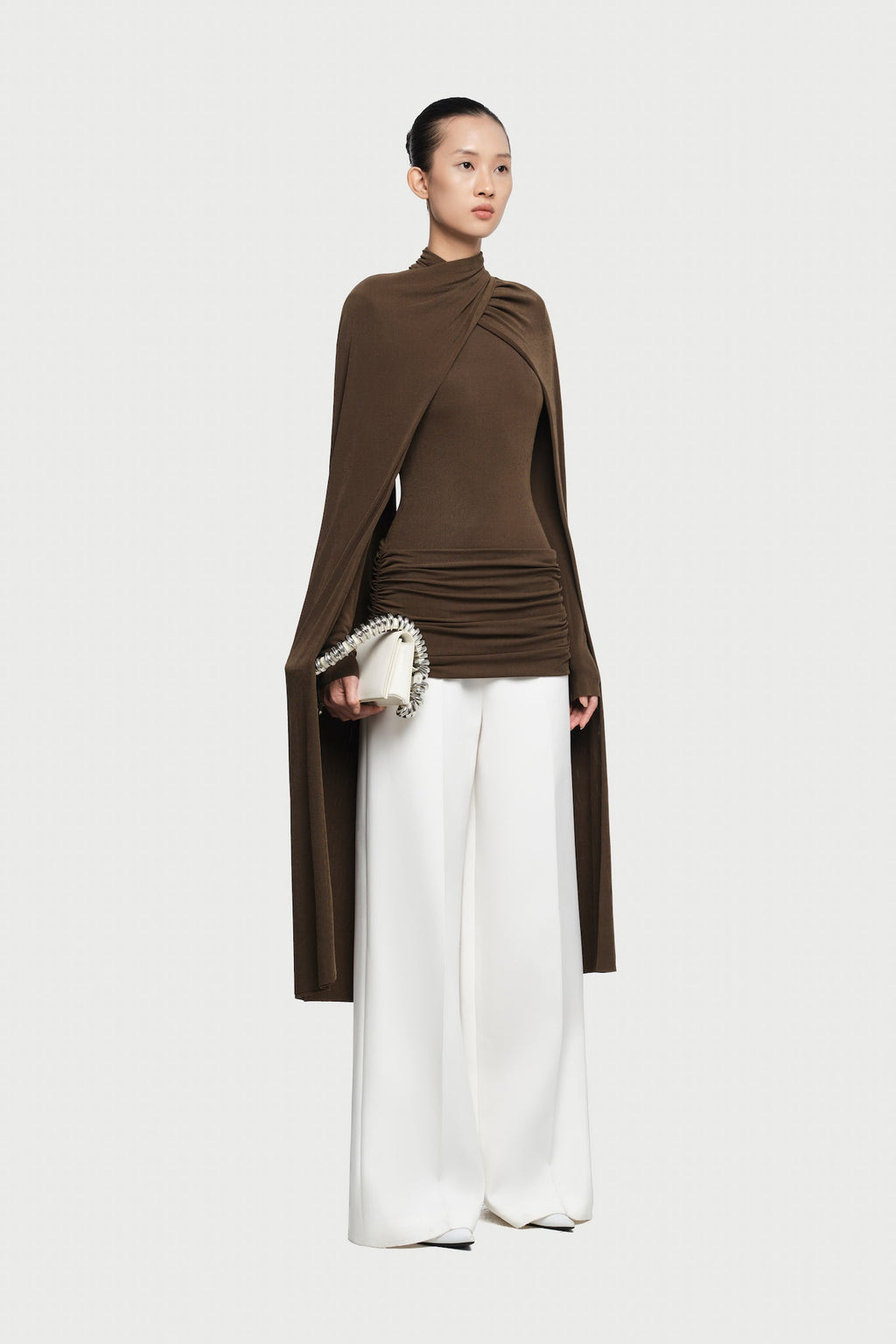 Mock Neck Cross Twist Cape Sleeve Waist Ruched Slim Knit Top - MAYMOONLY