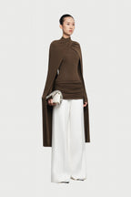 Mock Neck Cross Twist Cape Sleeve Waist Ruched Slim Knit Top - MAYMOONLY