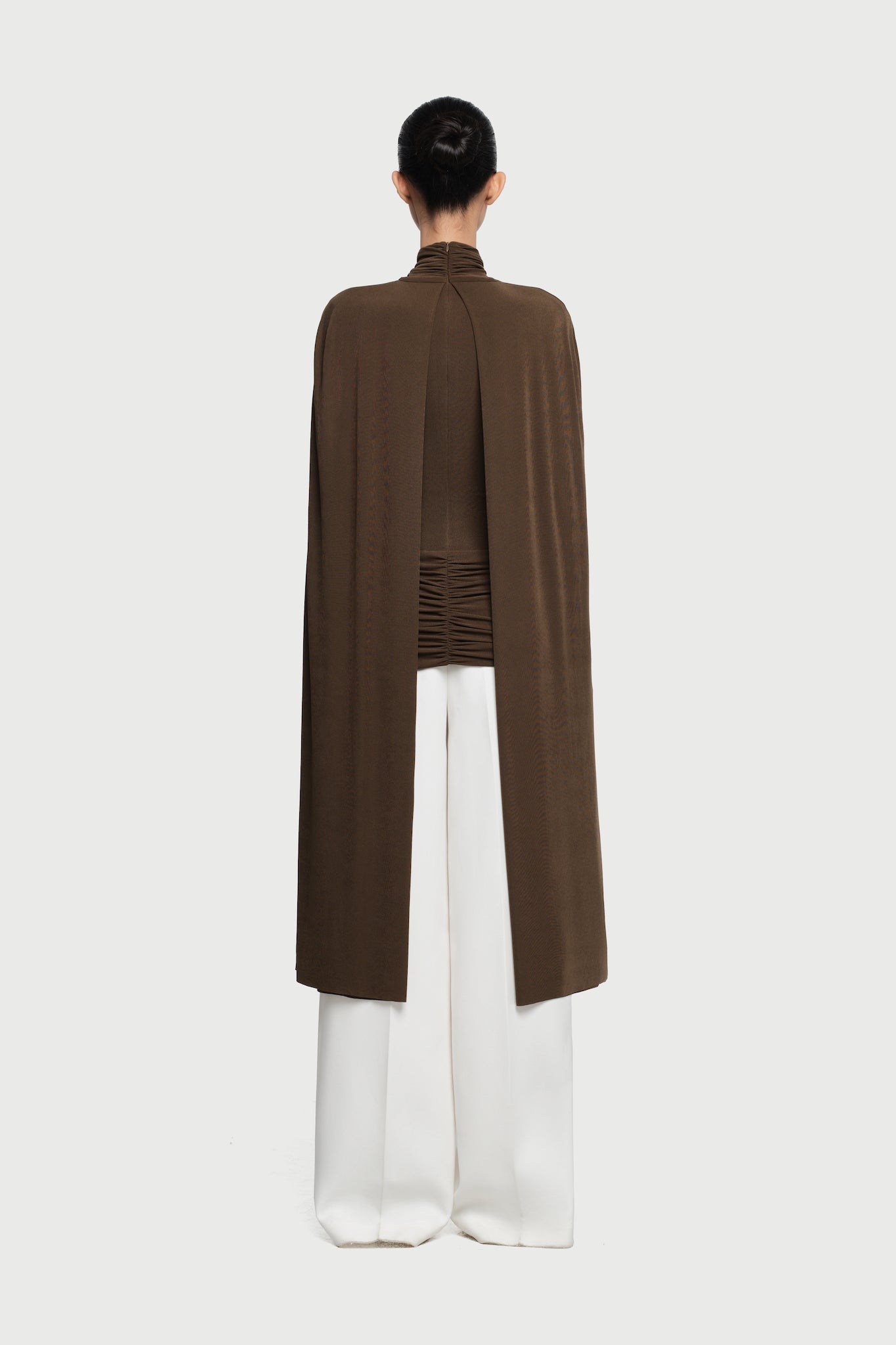 Mock Neck Cross Twist Cape Sleeve Waist Ruched Slim Knit Top - MAYMOONLY