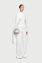 Mock Neck Cross Twist Cape Sleeve Waist Ruched Slim Knit Top - MAYMOONLY