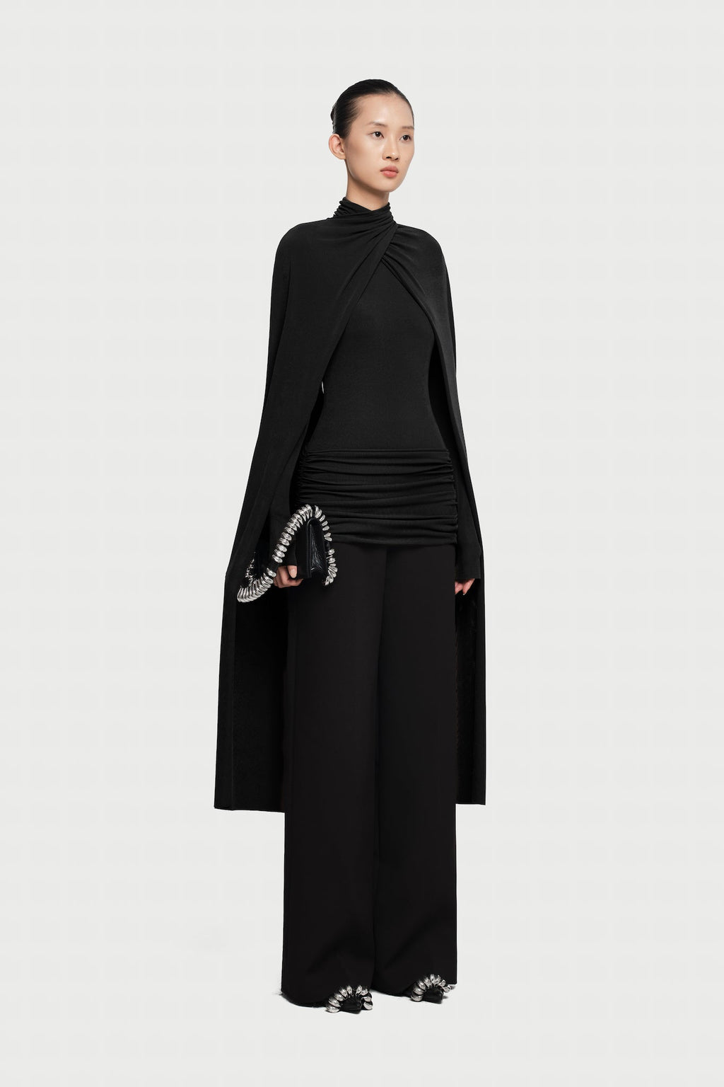 Mock Neck Cross Twist Cape Sleeve Waist Ruched Slim Knit Top - MAYMOONLY