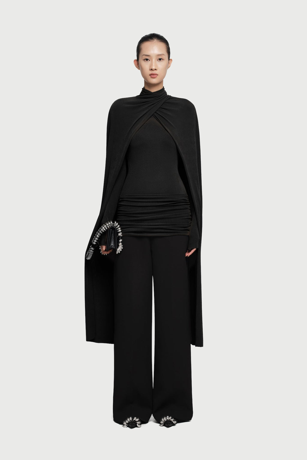 Mock Neck Cross Twist Cape Sleeve Waist Ruched Slim Knit Top - MAYMOONLY