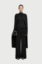 Mock Neck Cross Twist Cape Sleeve Waist Ruched Slim Knit Top - MAYMOONLY