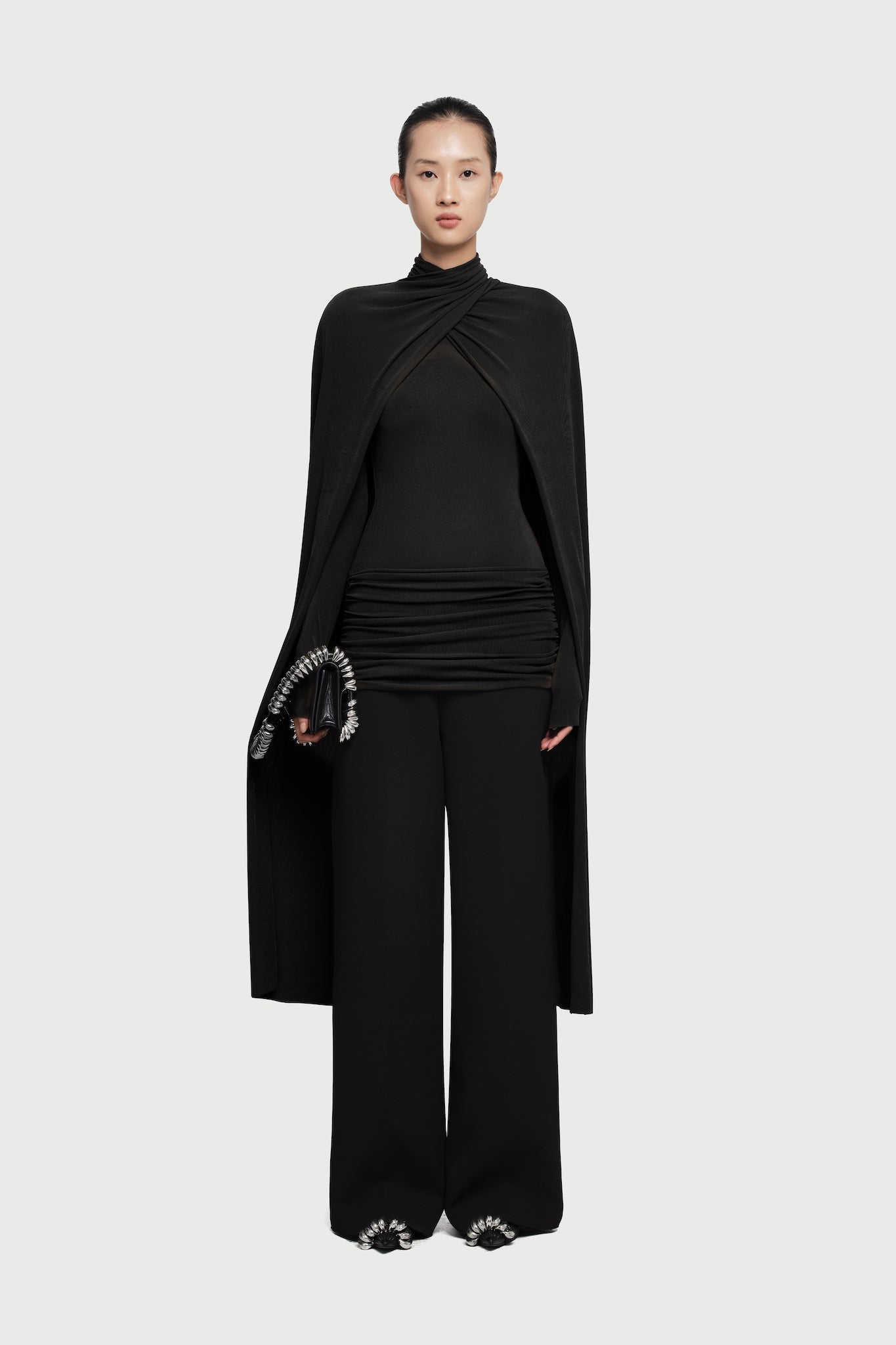 Mock Neck Cross Twist Cape Sleeve Waist Ruched Slim Knit Top - MAYMOONLY