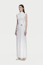 Mock Neck Sleeveless Side Metal Hardware Detail Diagonal Draped Maxi Gown - MAYMOONLY