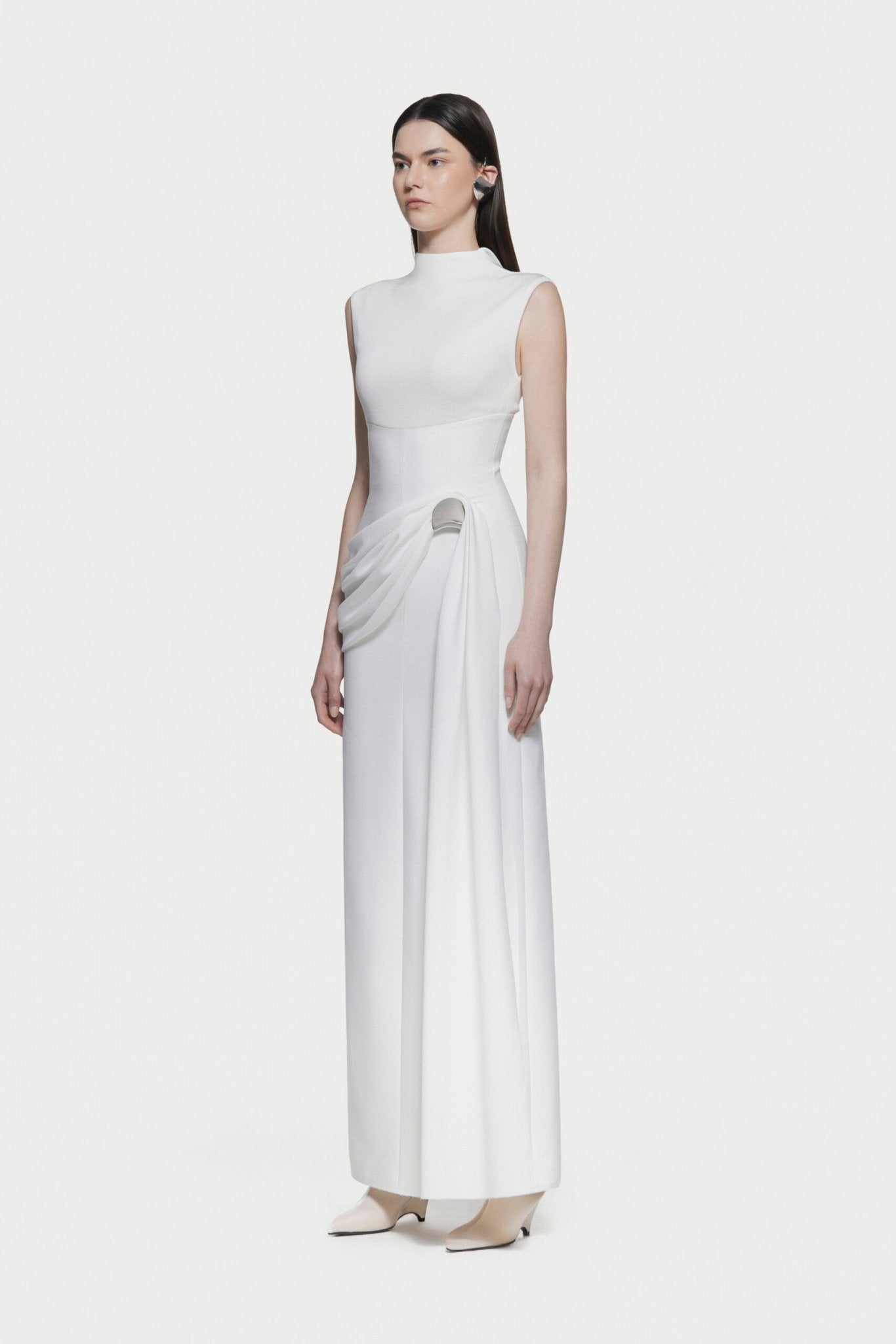 Mock Neck Sleeveless Side Metal Hardware Detail Diagonal Draped Maxi Gown - MAYMOONLY