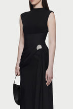Mock Neck Sleeveless Side Metal Hardware Detail Diagonal Draped Maxi Gown - MAYMOONLY