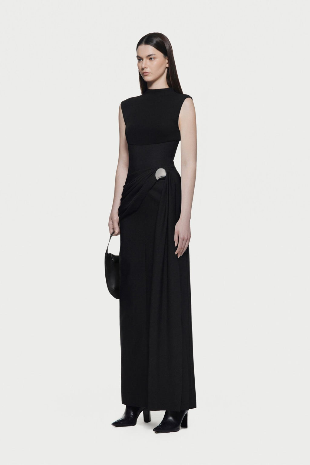 Mock Neck Sleeveless Side Metal Hardware Detail Diagonal Draped Maxi Gown - MAYMOONLY