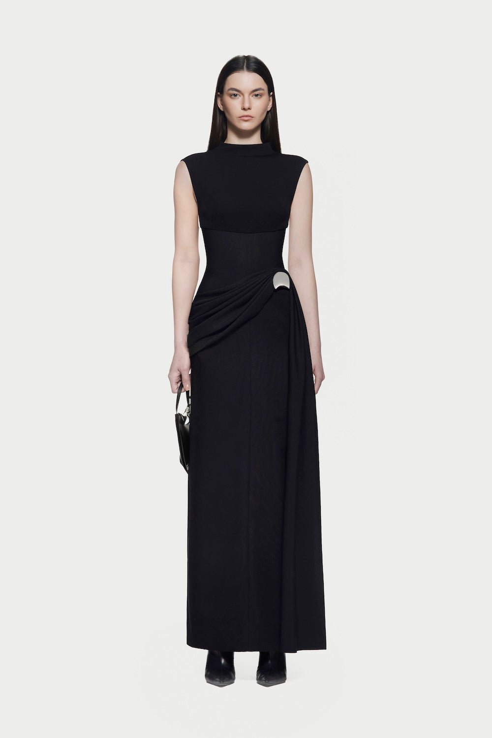 Mock Neck Sleeveless Side Metal Hardware Detail Diagonal Draped Maxi Gown - MAYMOONLY