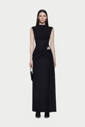 Mock Neck Sleeveless Side Metal Hardware Detail Diagonal Draped Maxi Gown - MAYMOONLY