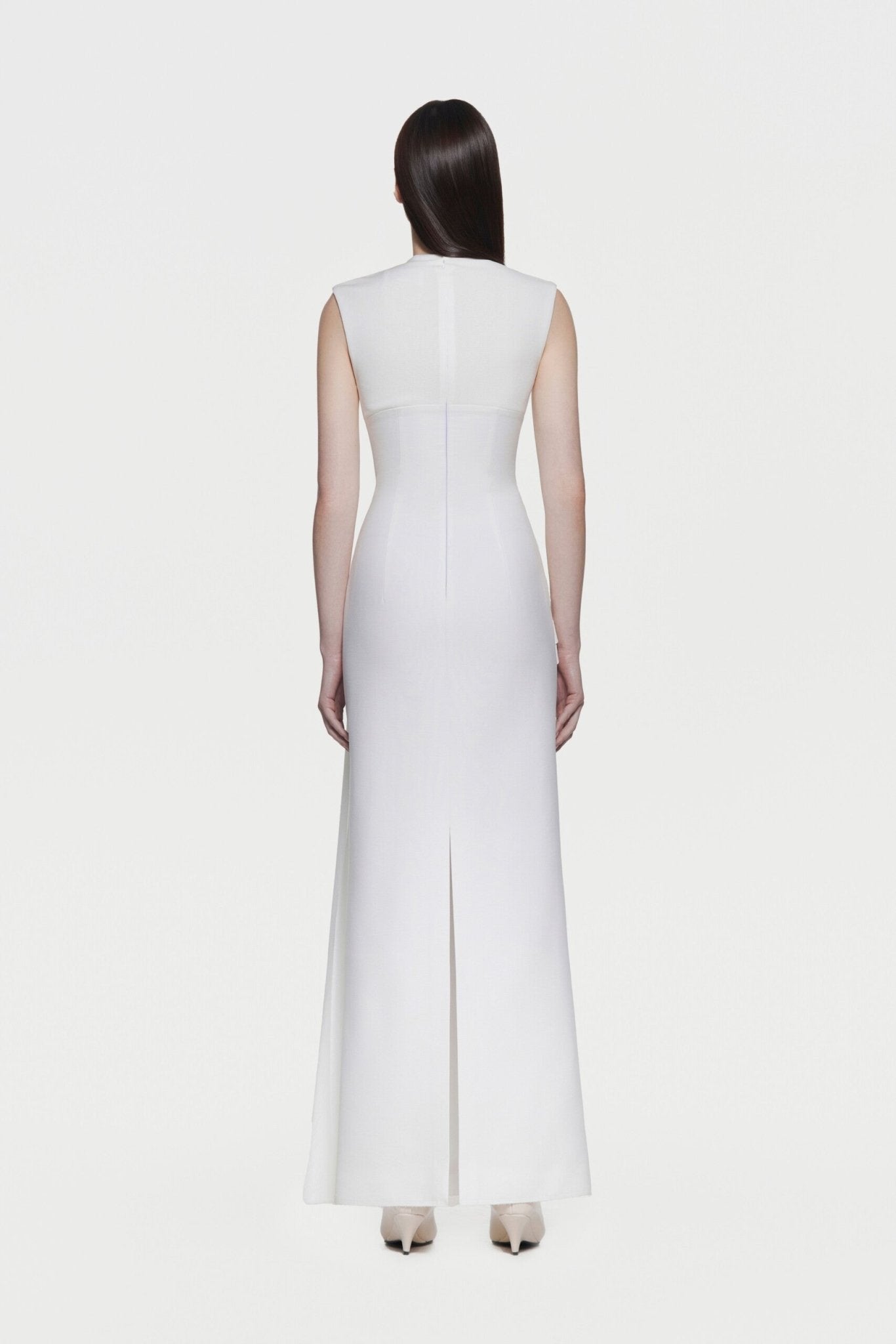 Mock Neck Sleeveless Side Metal Hardware Detail Diagonal Draped Maxi Gown - MAYMOONLY