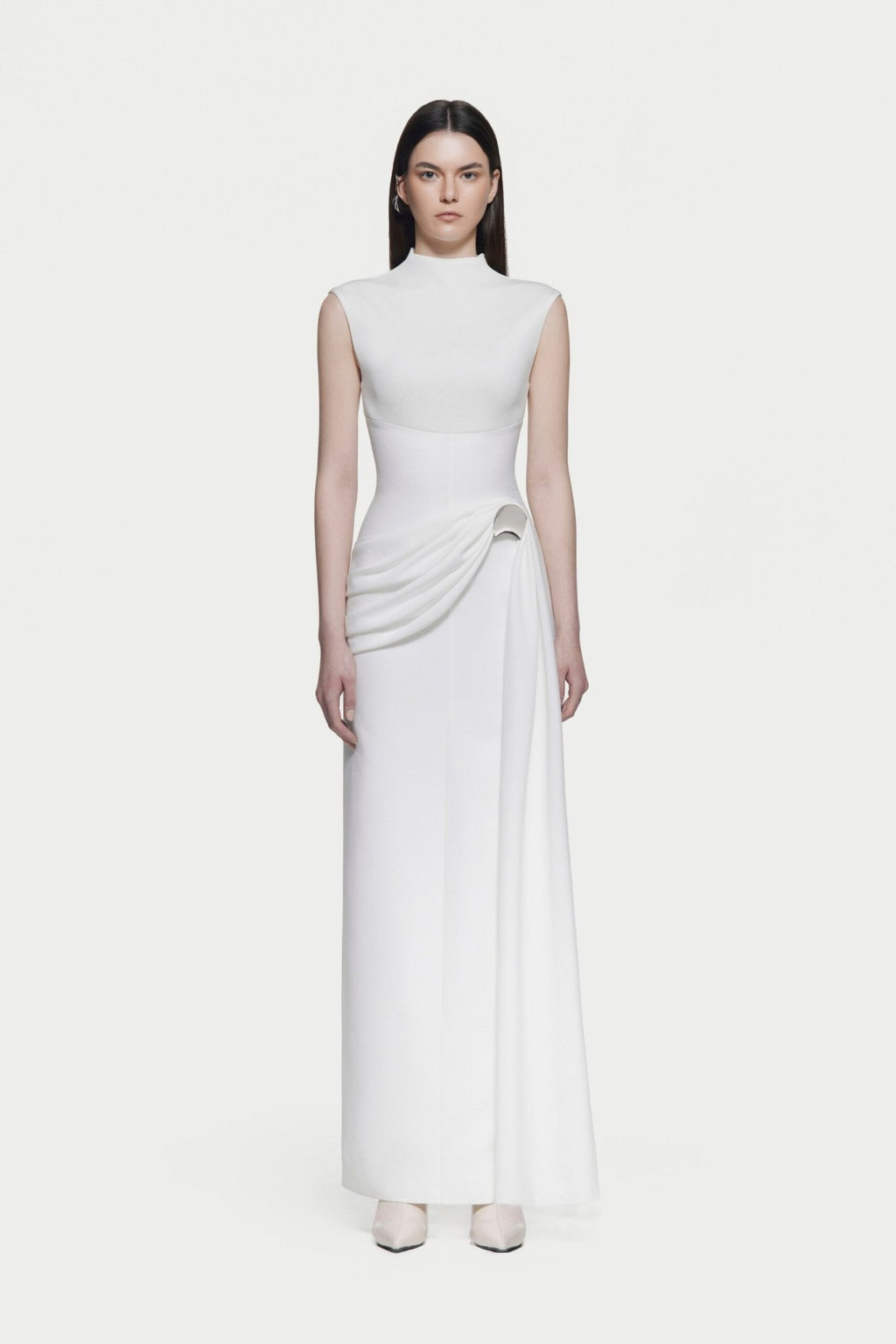 Mock Neck Sleeveless Side Metal Hardware Detail Diagonal Draped Maxi Gown - MAYMOONLY