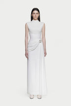 Mock Neck Sleeveless Side Metal Hardware Detail Diagonal Draped Maxi Gown - MAYMOONLY