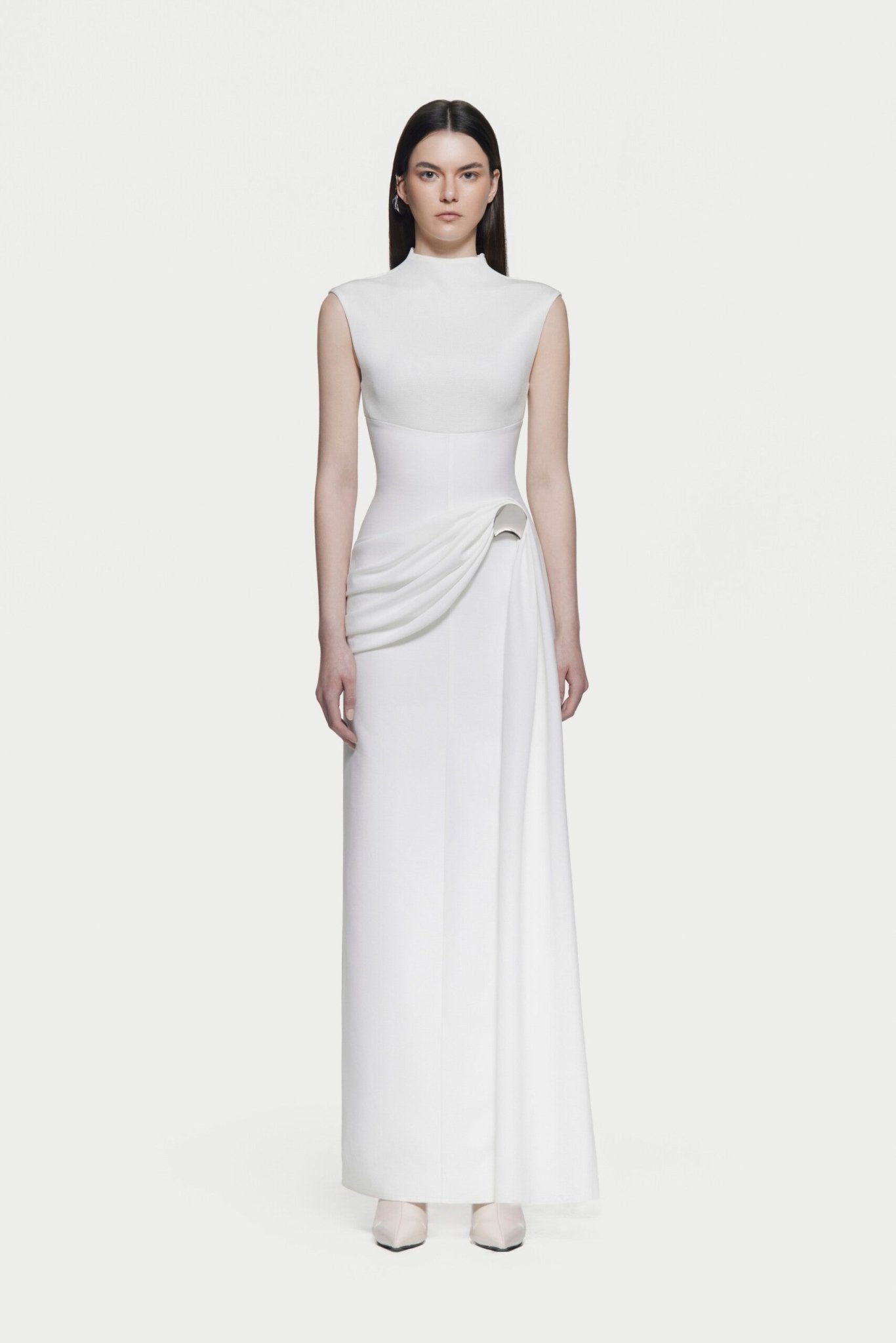 Mock Neck Sleeveless Side Metal Hardware Detail Diagonal Draped Maxi Gown - MAYMOONLY