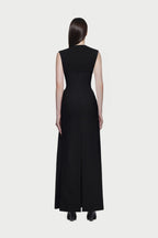 Mock Neck Sleeveless Side Metal Hardware Detail Diagonal Draped Maxi Gown - MAYMOONLY