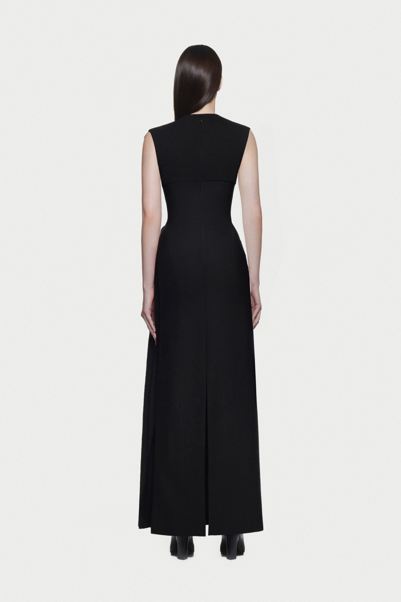 Mock Neck Sleeveless Side Metal Hardware Detail Diagonal Draped Maxi Gown - MAYMOONLY